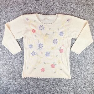 Vintage Maurada Floral Embroidered Beaded Sweater Women L Ramie Cotton Cream